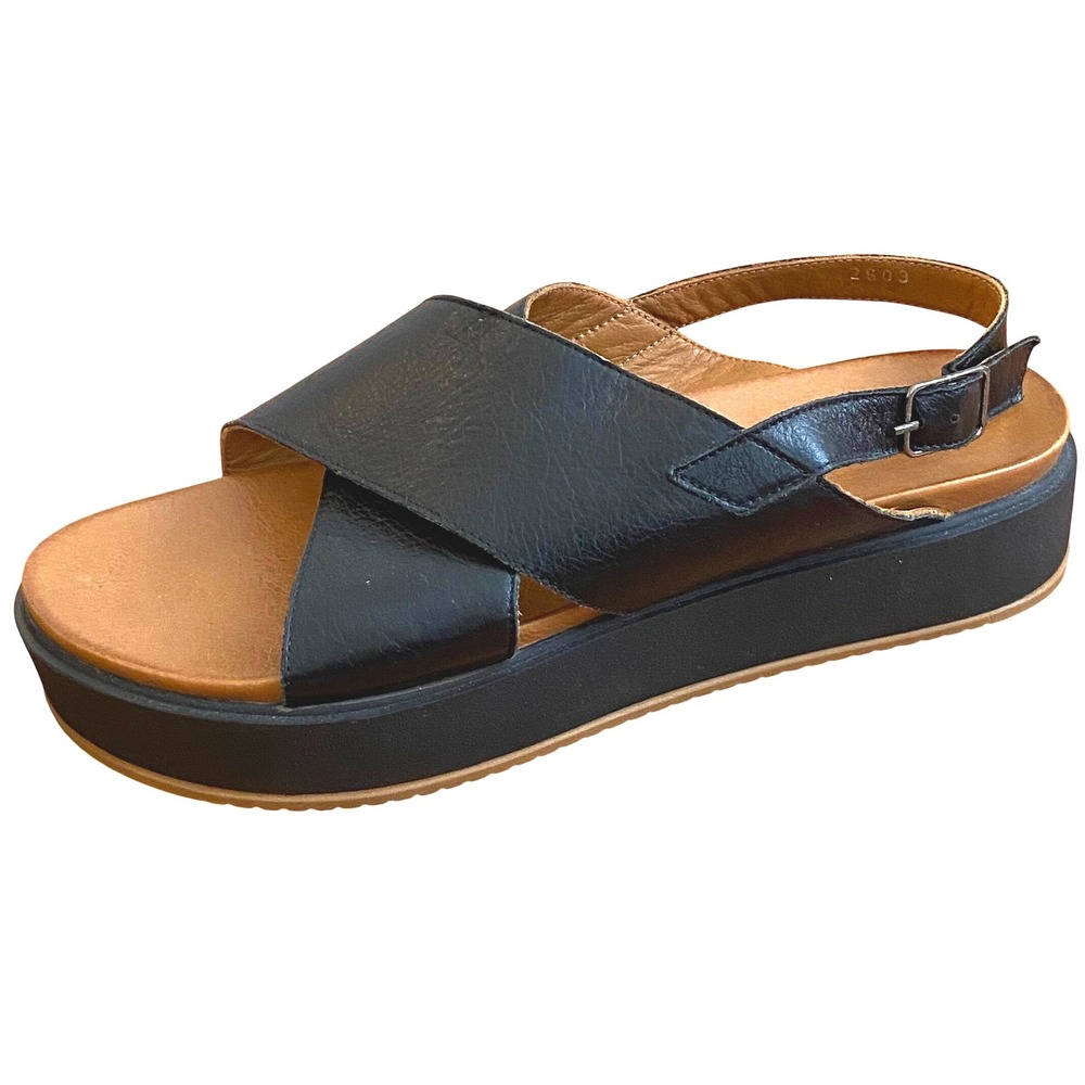 Scala Womens Leather Crossover Slingback Platform Sandal Minimalist Black 39 8.5